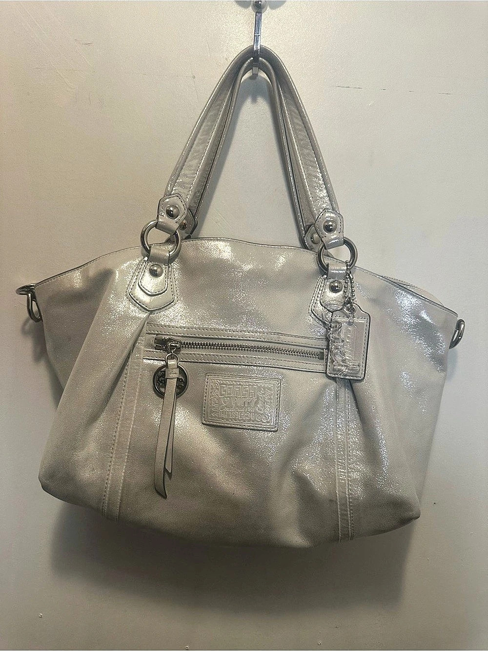 Coach Poppy Leather Highlight 16283 Metallic Silver Legacy Stripe Bag